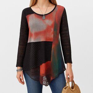 This & That Womens Watercolor Layered Tunic Top Size L Asymmetric Hem Lace Boho